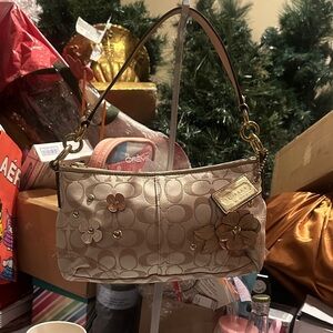 Coach Beige and Gold Floral Shoulder Bag